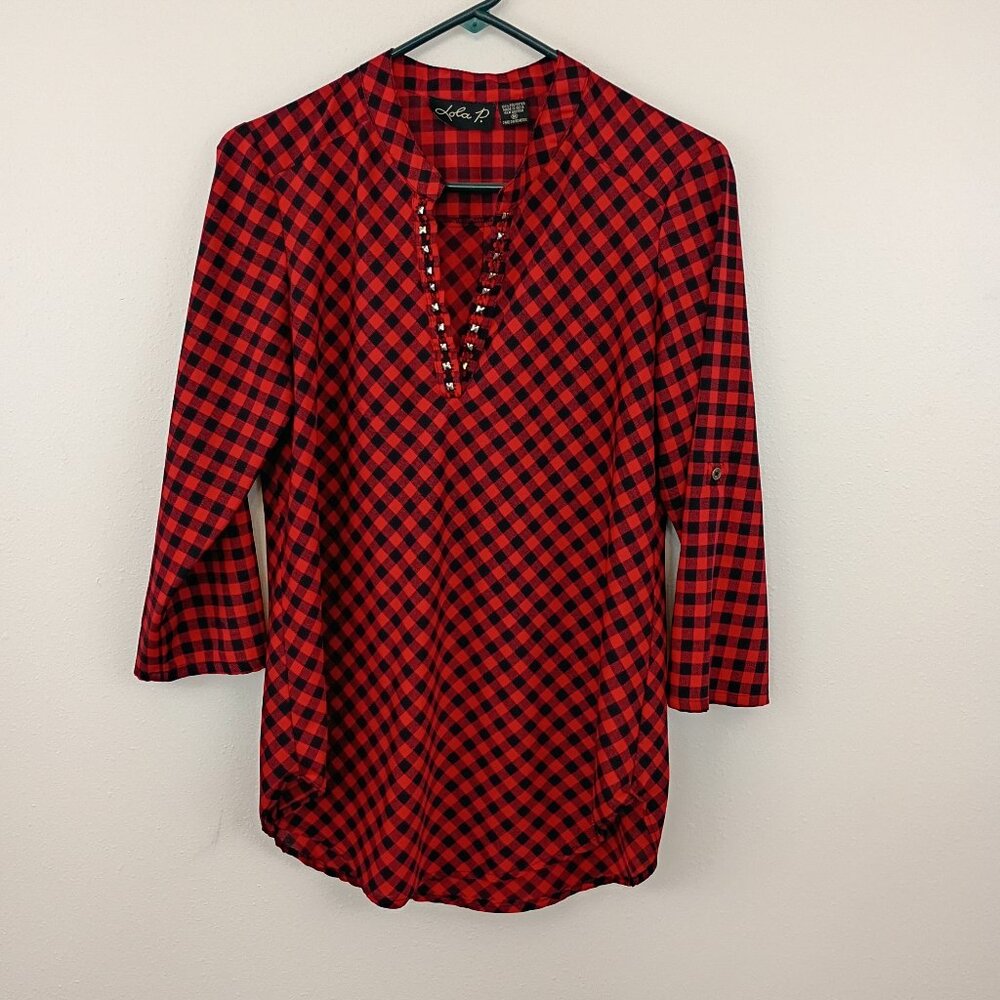 Lola P. Red & Black Buffalo Checkered Tunic Top – Embellished V-Neck